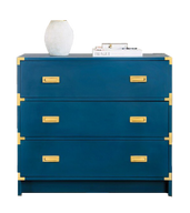 Deep Blue Chest of 3 Drawers With Gold Accents & Knobs
