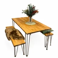 Wooden and Steel Dining Table and 2 bench