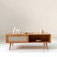 Disa Coffee Table - Beech Wood With Rattan & Drawer