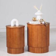 Fluted Side Tables Set of 2 - Round Design - Beech Wood