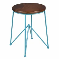 كرسي بار كارا بمقعد خشبي وأرجل معدنية زرقاء