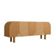 Arched Wood TV Unit with Vertical Slats in Natural Oak Finish