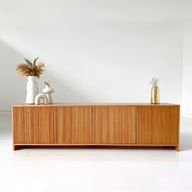 Fluted Beech Wood and Natural Oak Veneer TV Unit