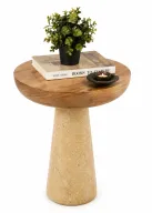 Side Table with Round Wooden Top & Sandstone-Inspired Base