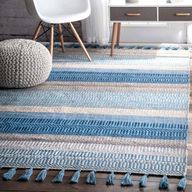 سجادة قطنية بدرجات الأزرق منسوجة يدويًا – تصميم مخطط مع تفاصيل من الشراشيب