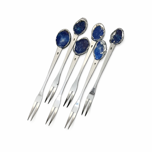 Blue Silver Stainless Steel Long Cake Forks – Set of 6