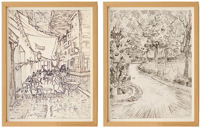 Curated - Sketches Parc à Arles avec un coin de la Maison Jaune and Cafe Terrace at Night 1888