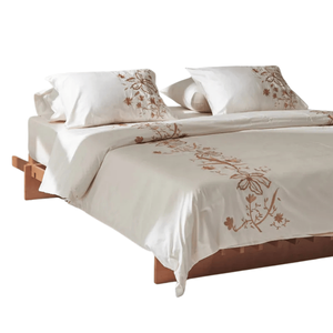 طقم غطاء لحاف لون عاجي - نقوش الزهور - ساتين - كينج