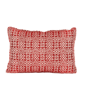 Red Festive Cushion With Christmas Patterns & Beige Linen Back