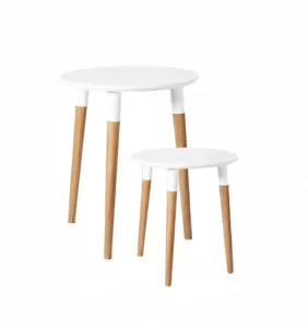 Nesting Side Tables Set - Lacquered Top - Oak Wooden Legs