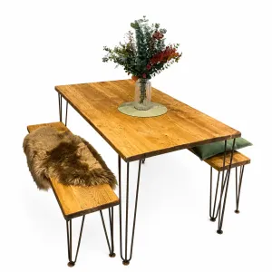 Wooden and Steel Dining Table and 2 bench