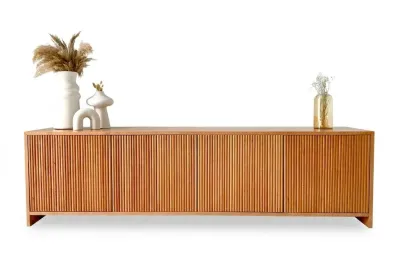 Fluted Beech Wood and Natural Oak Veneer TV Unit