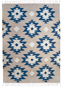 Medallions Handwoven Wool Rug With Blue Patterns