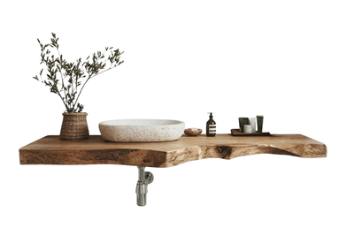 Floating Live-Edge Wood Vanity with Stone Basin