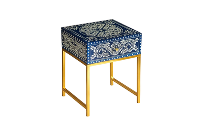 Indian Print Nightstand - Golden Stainless Steel Legs