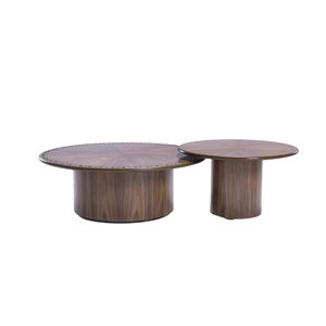 Dawayer Coffee Table - Walnut Sunburst Top with Carved Detail