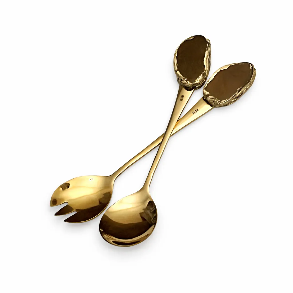 Gold Stainless Steel Salad Serving Set – Faux Stone Handles