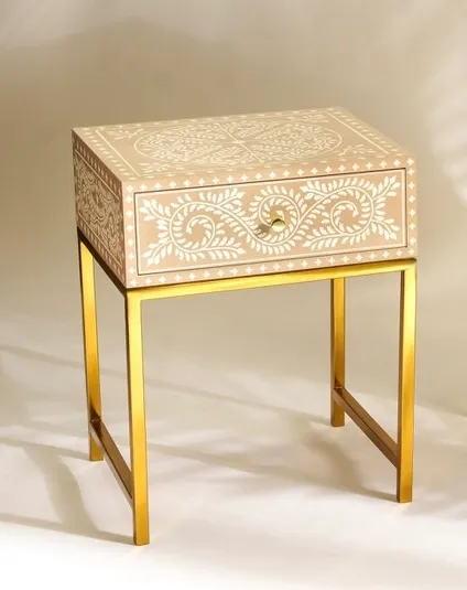Indian Print Nightstand - Golden Stainless Steel Legs 3