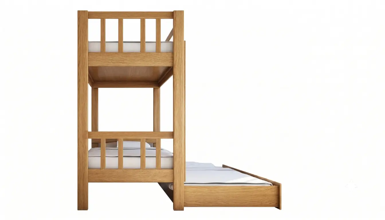 Beech Bunk Bed With Vertical Rails And Pull-Out Bed