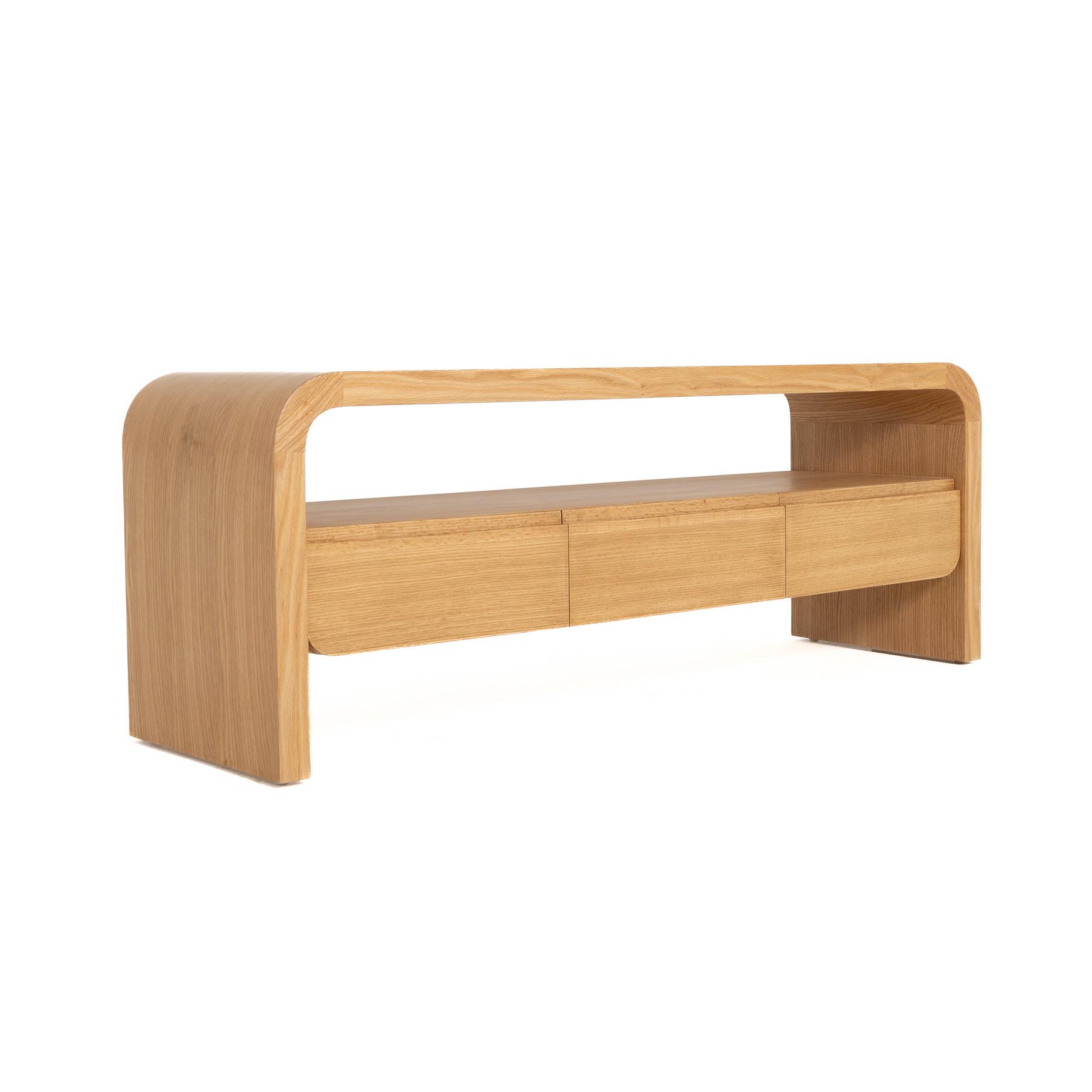 Kye Curved TV Unit – Sleek Wooden Design with Storage Drawers and Shelf 4