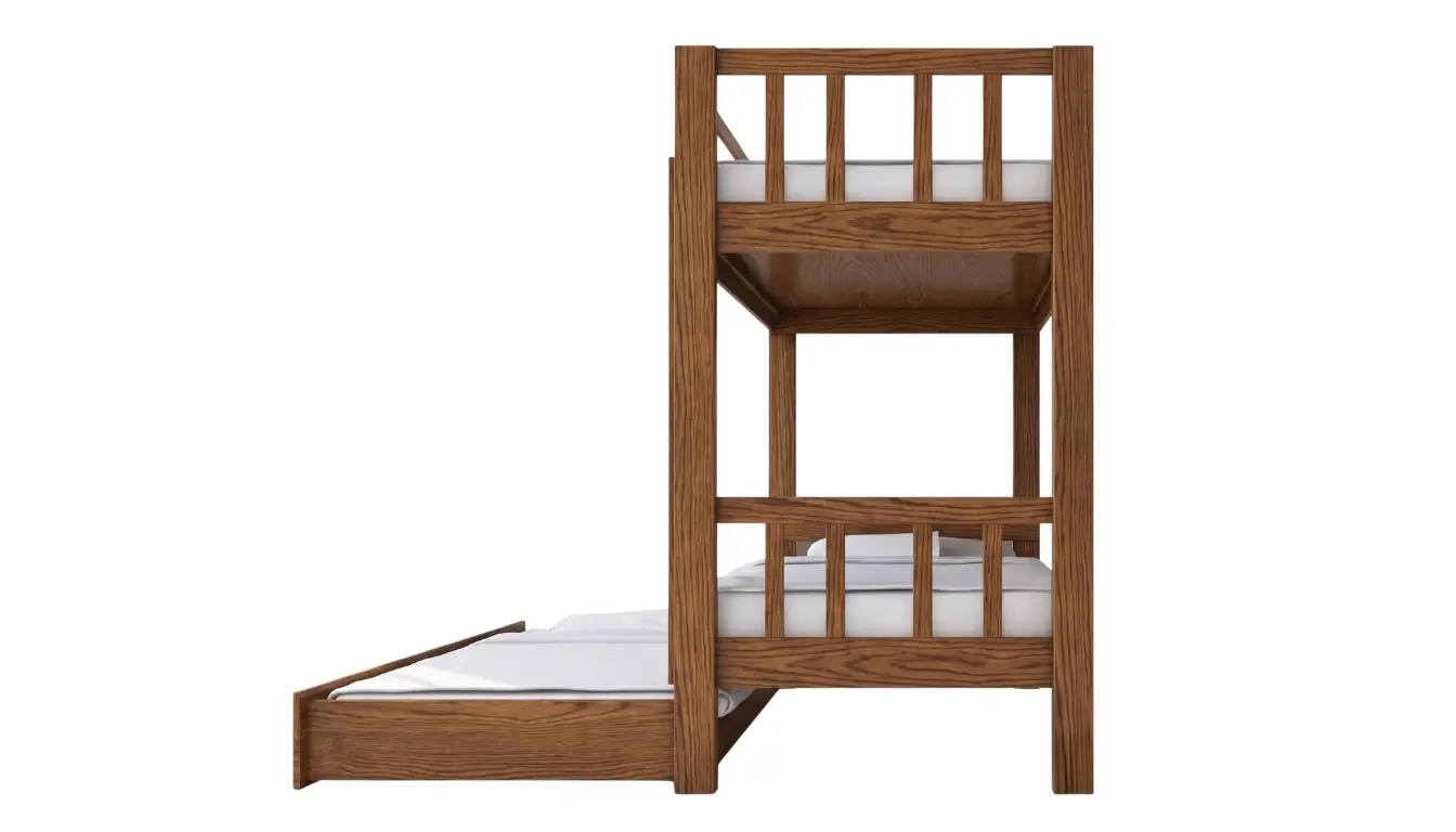 Beech Bunk Bed With Vertical Rails And Pull-Out Bed