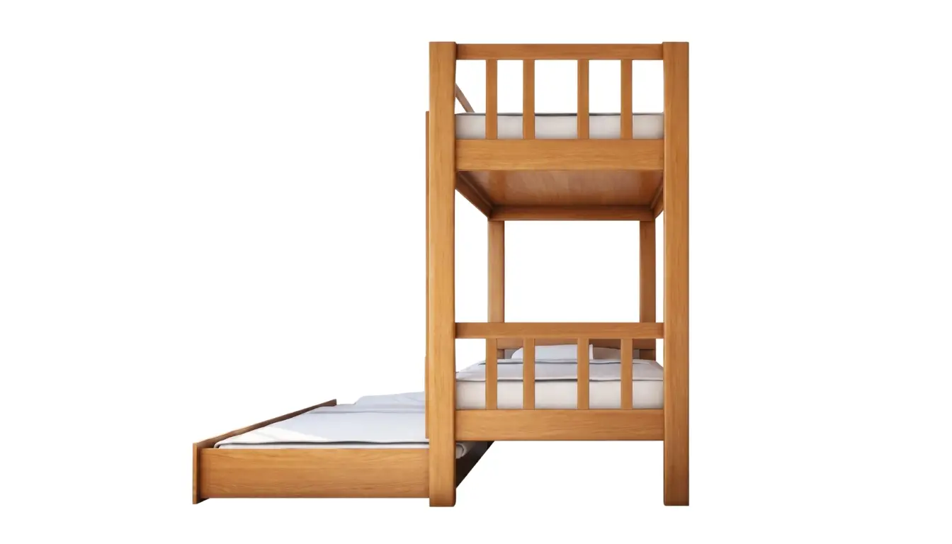 Beech Bunk Bed With Vertical Rails And Pull-Out Bed
