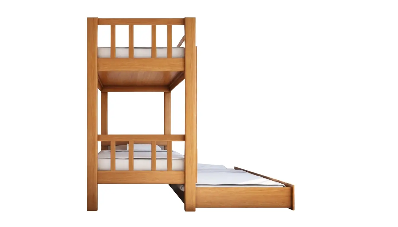 Beech Bunk Bed With Vertical Rails And Pull-Out Bed