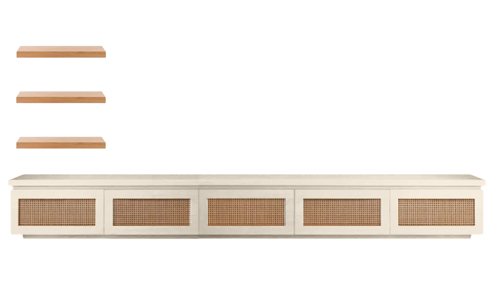 Cane TV Unit with 3 Floating Shelves & Storage Cabinets