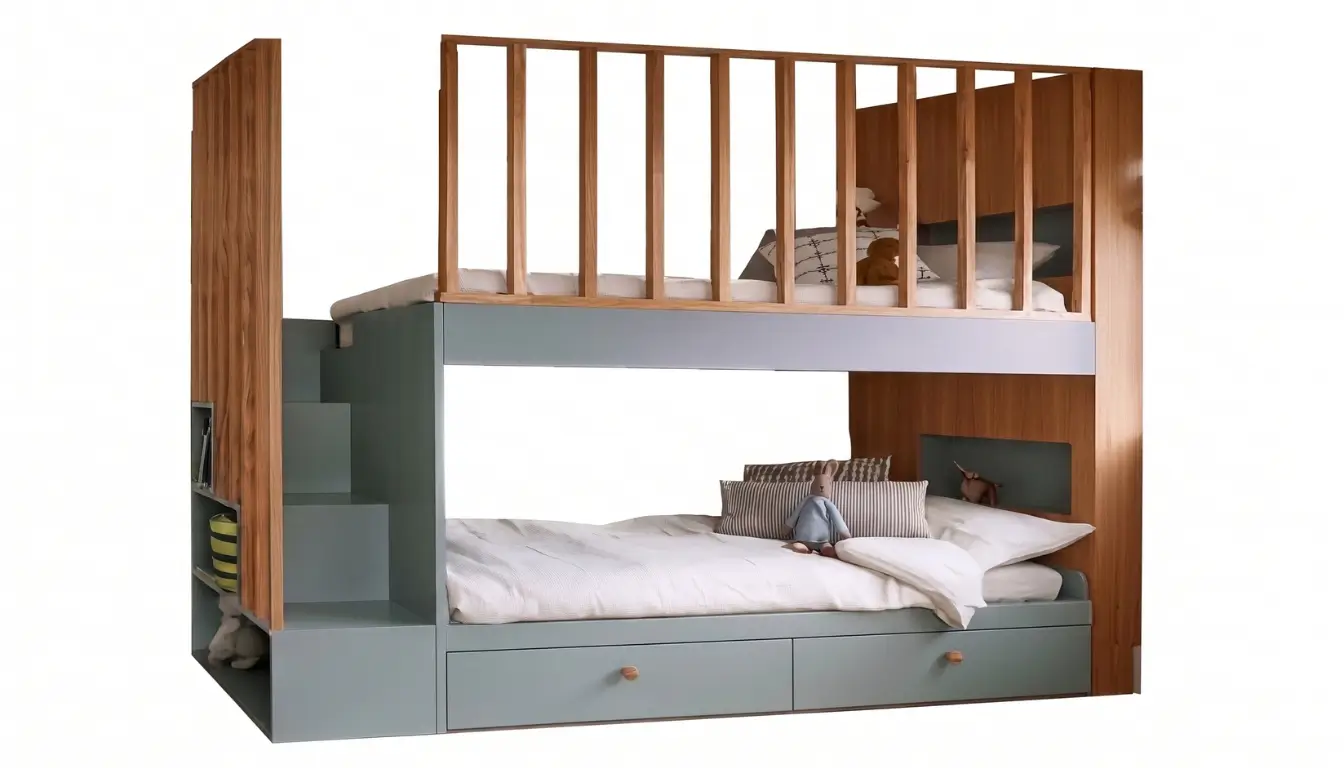 Bunk Bed With 2 Drawers - Back Shelf and Ladder