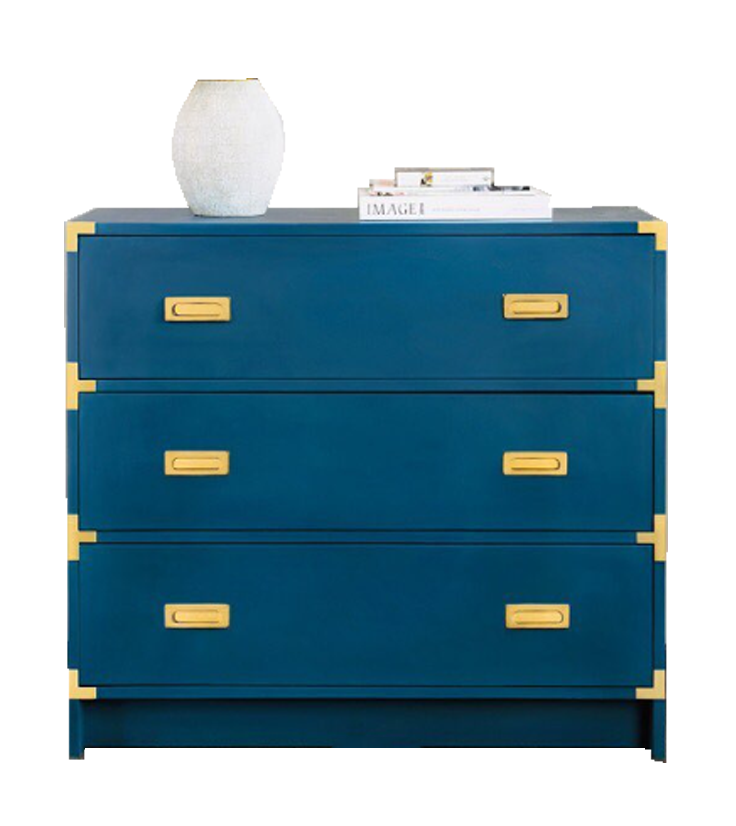 Deep Blue Chest of 3 Drawers With Gold Accents & Knobs 0