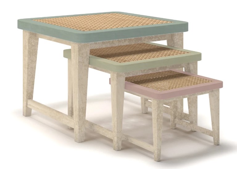 Benga Side Table Set of 3 - Massive Yugoslavian Oak And Cane 1
