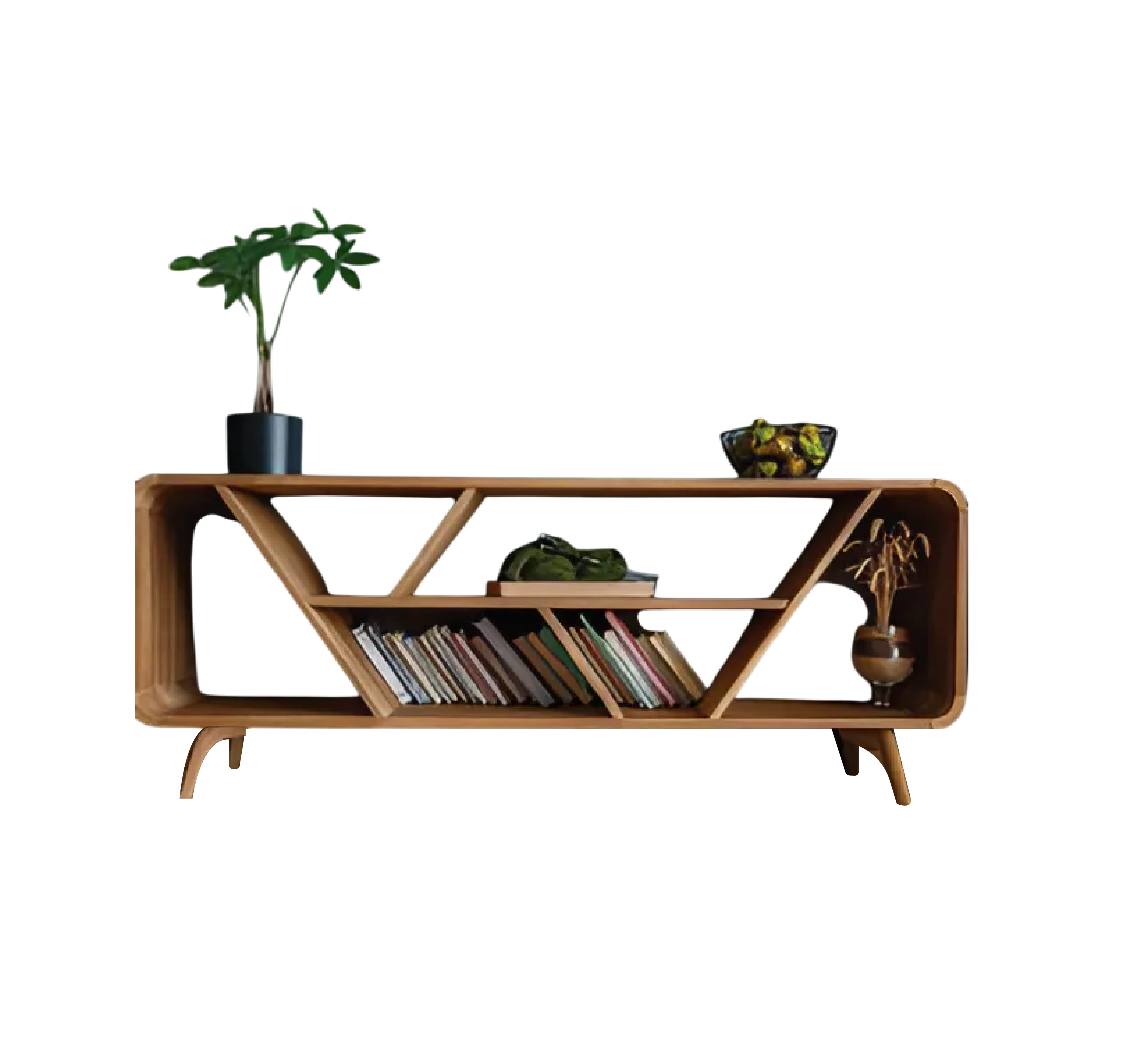 Asymmetrical Wood TV Unit With Rounded Frame – Stylish Storage for Contemporary Living 0
