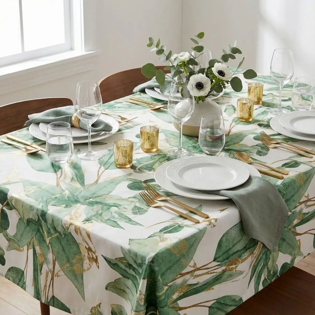 Green Blooms Linen Tablecloth 1