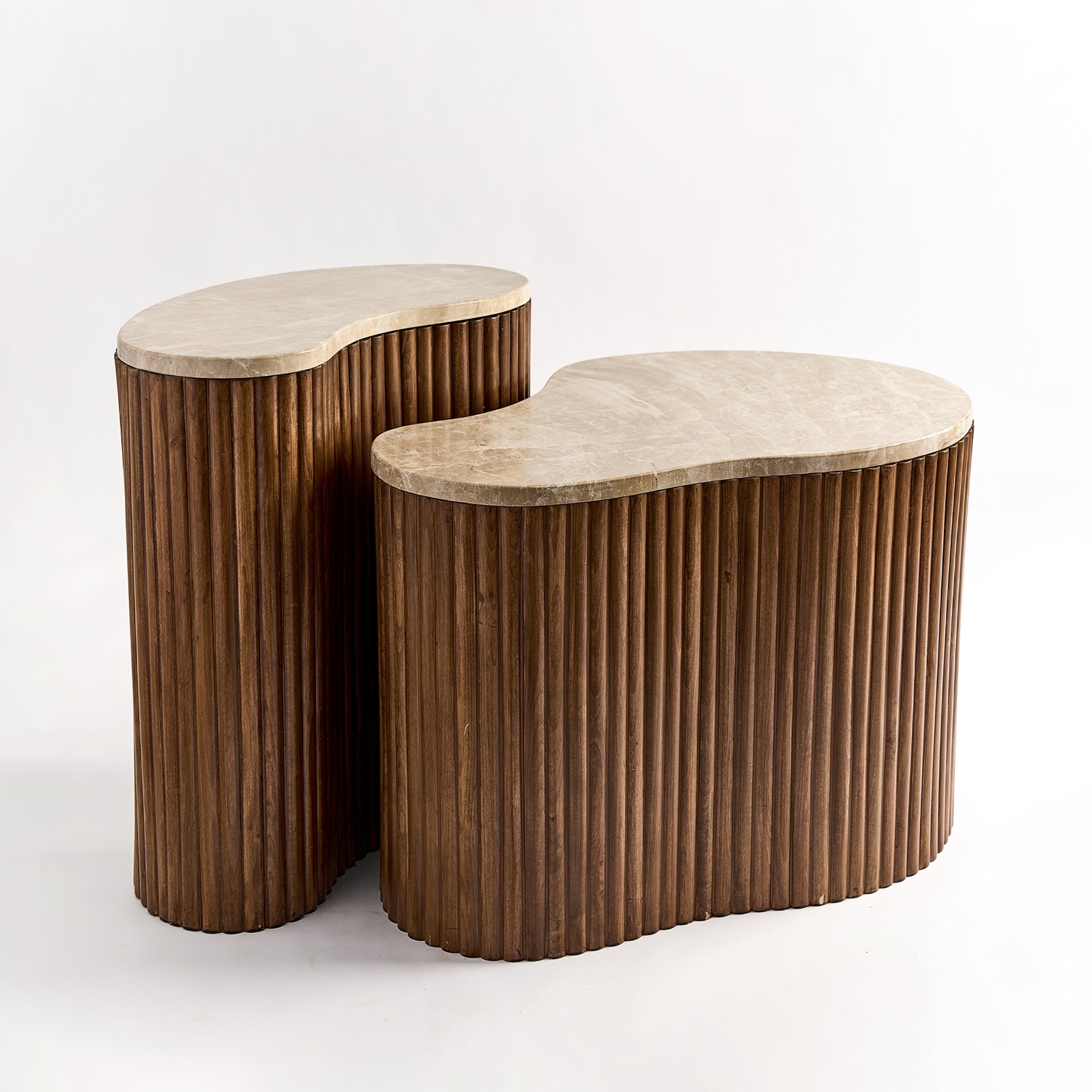 Kidneys Set of 2 Marble Top Tables - Beech Wood 0