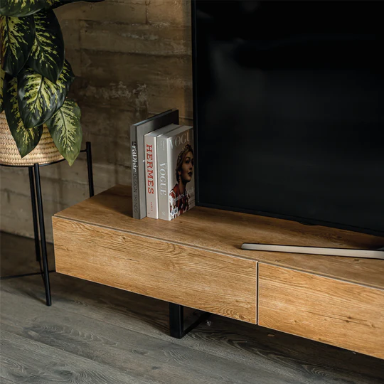 Barrosa Sleek Wooden TV Unit – Metal Base - Storage Drawers 2