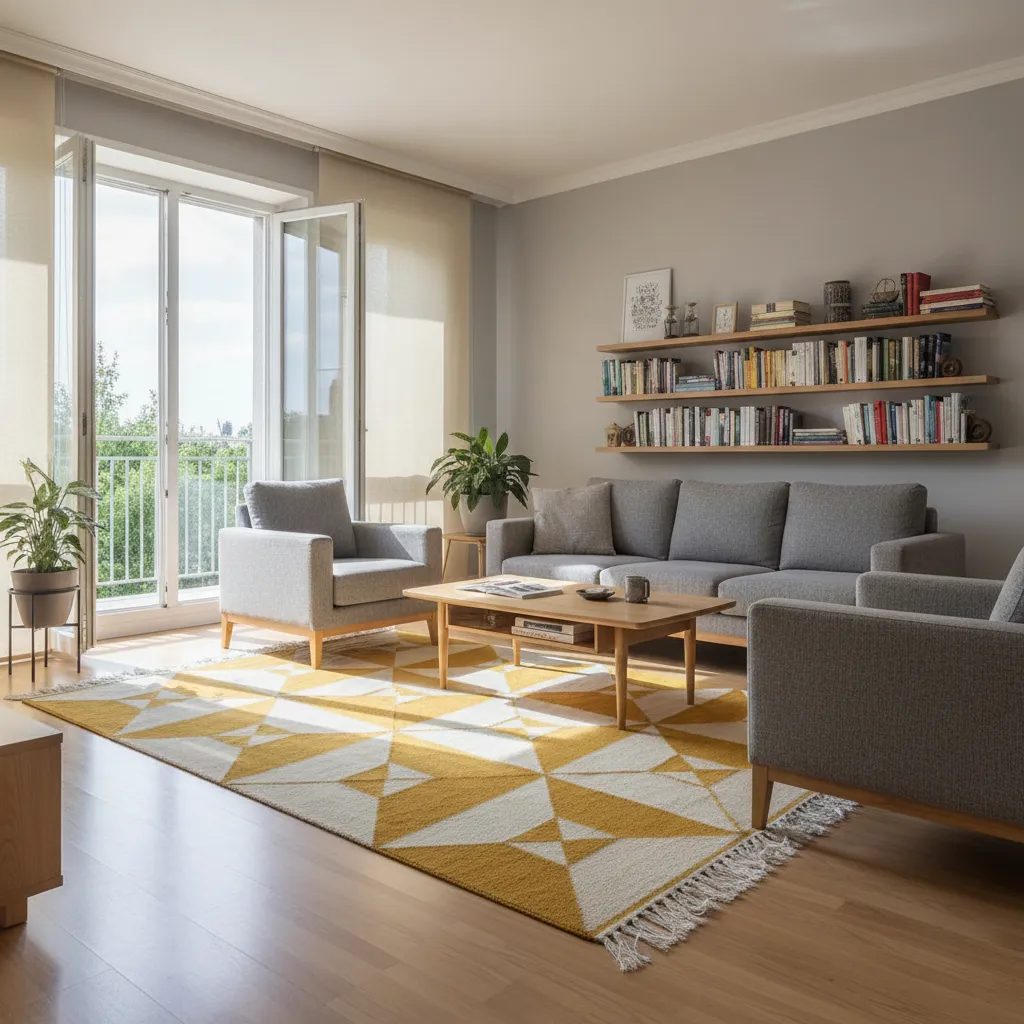 Geometric Handwoven Wool Rug Cream & Yellow – 100% Pure Wool Design 1