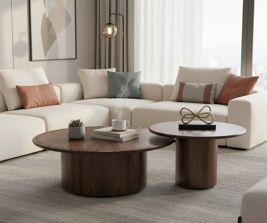 Dawayer Coffee Table - Walnut Sunburst Top with Carved Detail 4