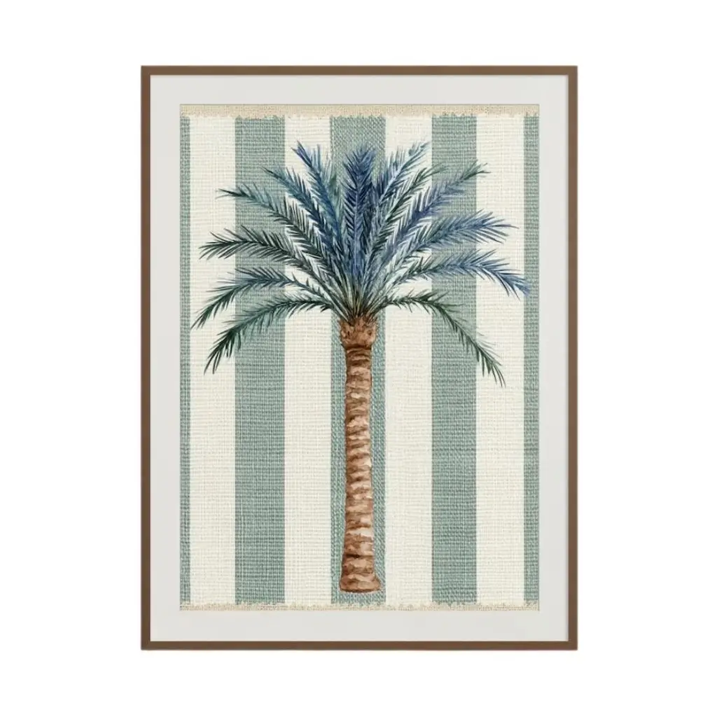 Blue Palm Tree on Textured Stripes Print – Coastal Inspired Wall Art 0