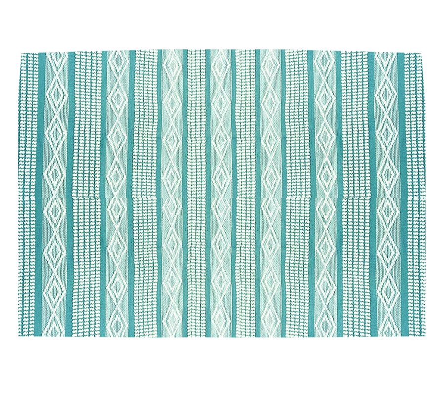 Striped Handwoven Cotton Rug – Vibrant Teal & White Patterns 0