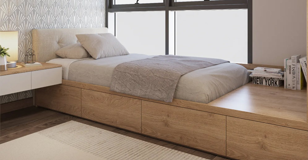 Arc bed Upholstered With extended wooden part and Drawers 120 0