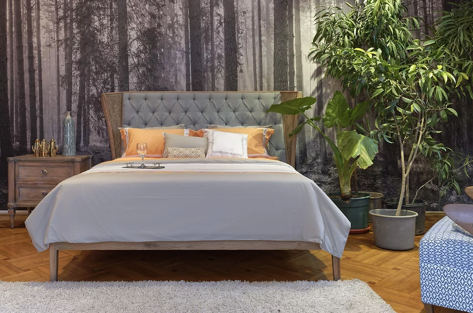 Vintage Bed With Cane And Tufted Headboard 0