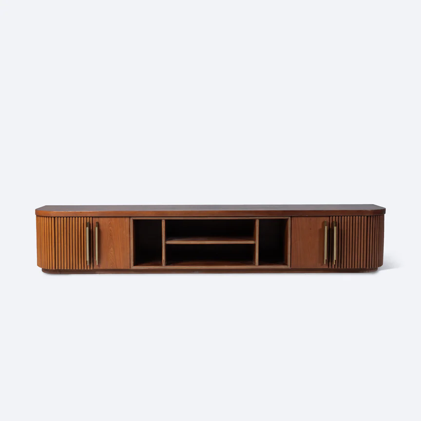Flutes Beech Wood TV Unit - Walnut Veneer - Brass Handles 0