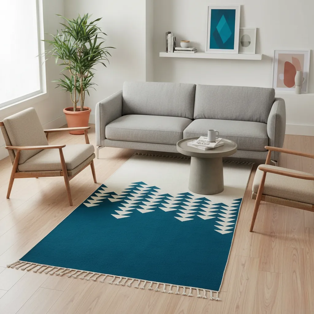 Directions Handwoven Blue & White Wool Rug – Abstract Geometric Design 1