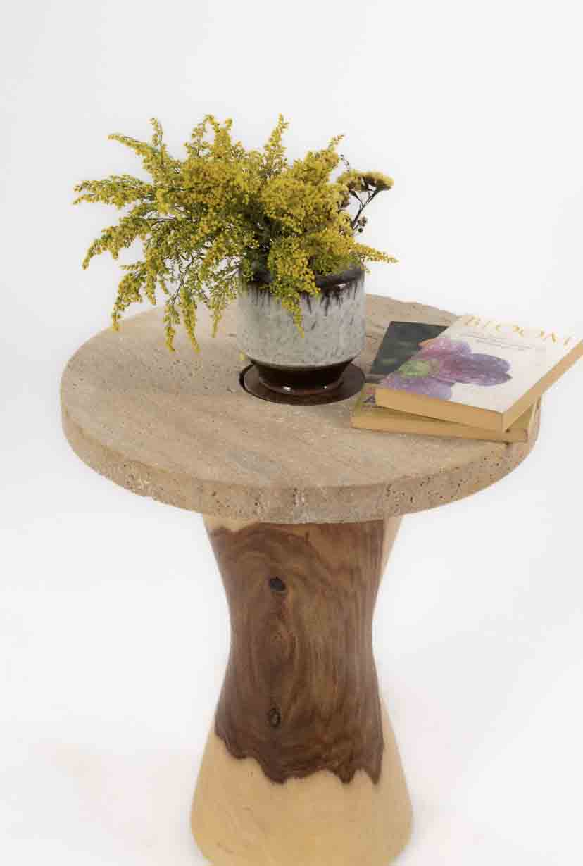 Boho Side Table - Matte Travertine Marble Top - Wood Base 0