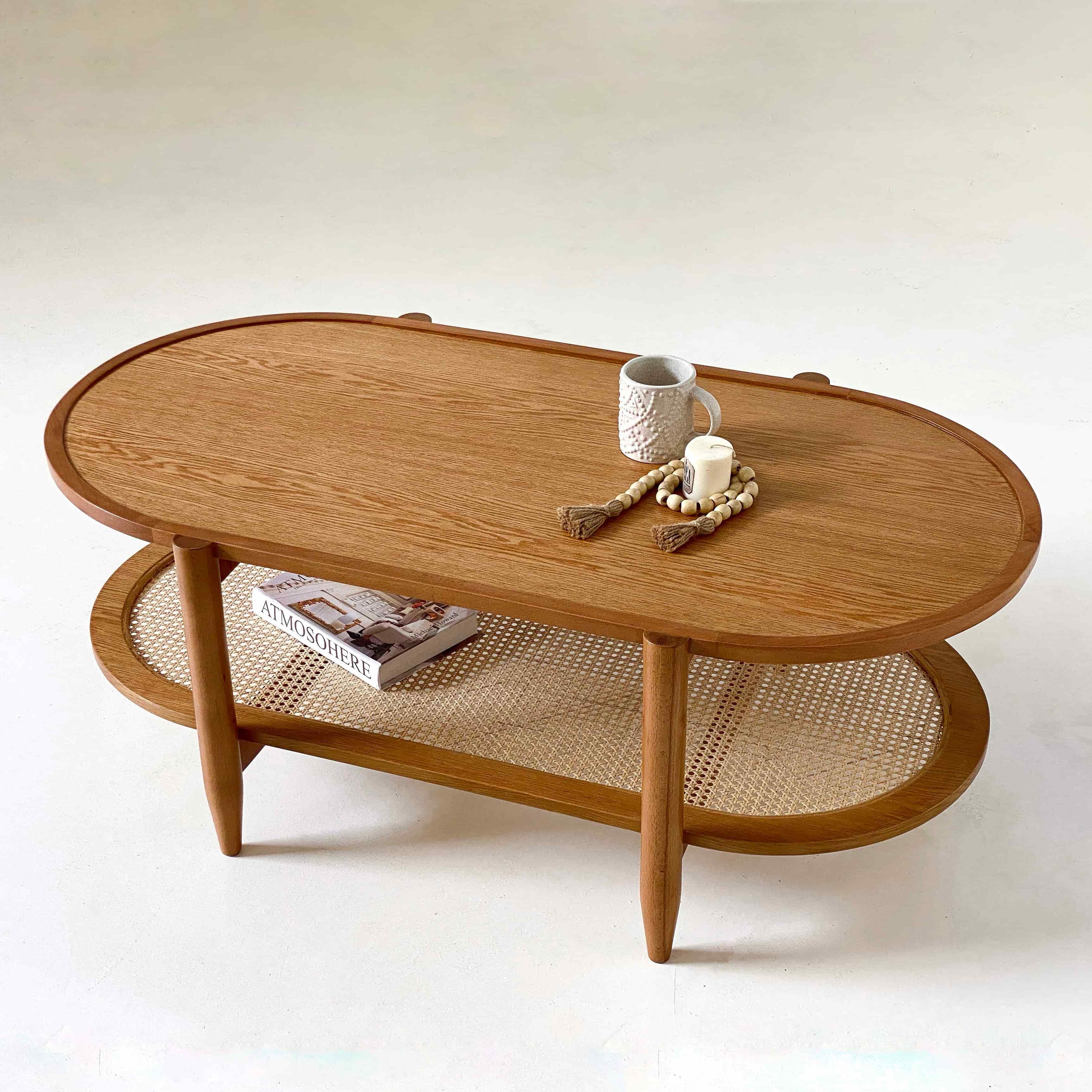 Rattan Oval Coffee Table - 2 Levels - Beech & Oak Veneer 2