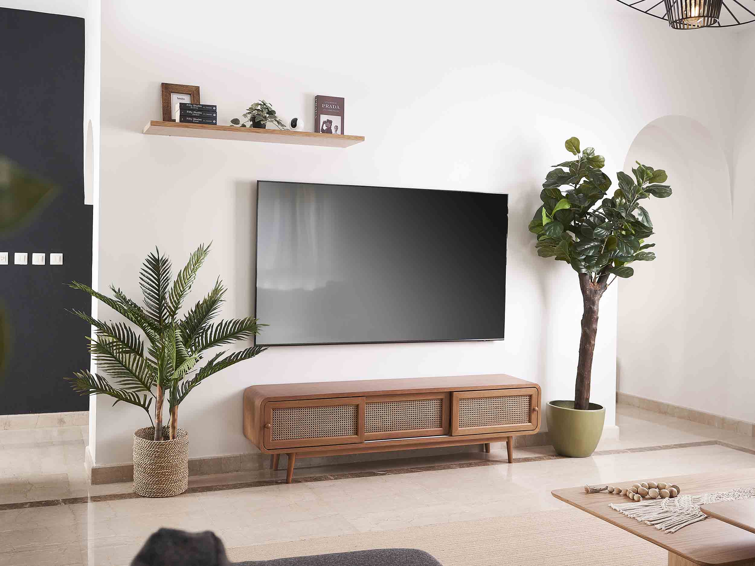 Elegant Trozo Wood TV Unit – Natural Finish and Cane Details 2