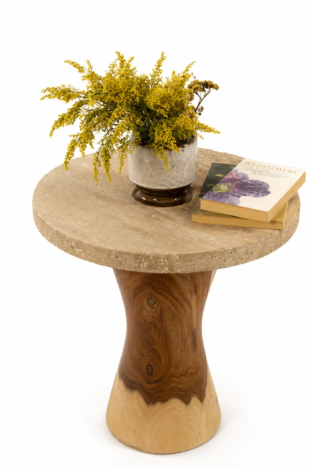 Boho Side Table - Matte Travertine Marble Top - Wood Base image