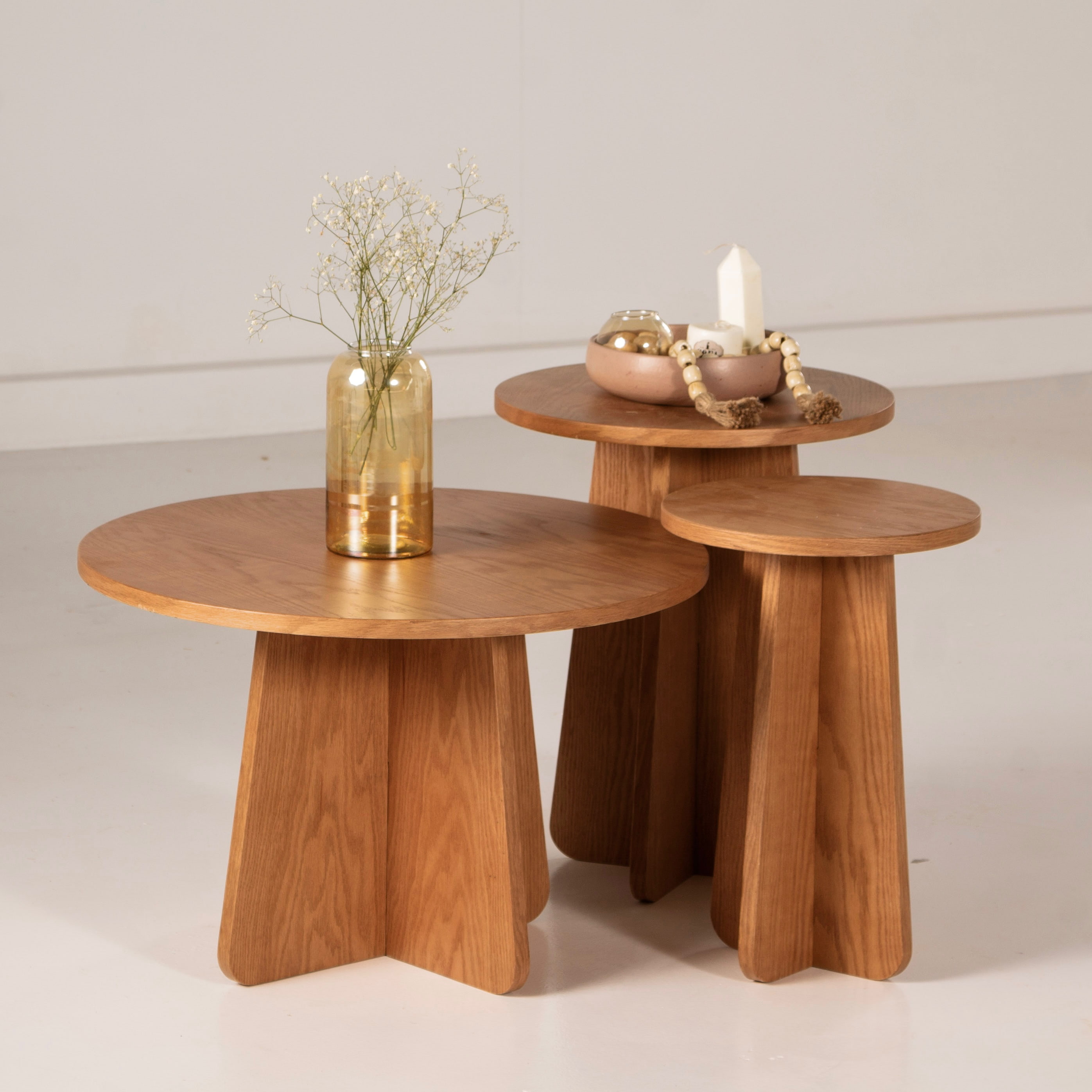 Oak Round Coffee Tables - 3 Pieces - Counter Wood image