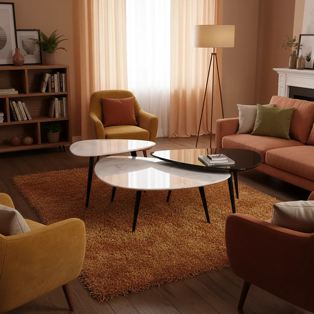 Set of Freeform Coffee Tables - Marble Top & Metal Base 1