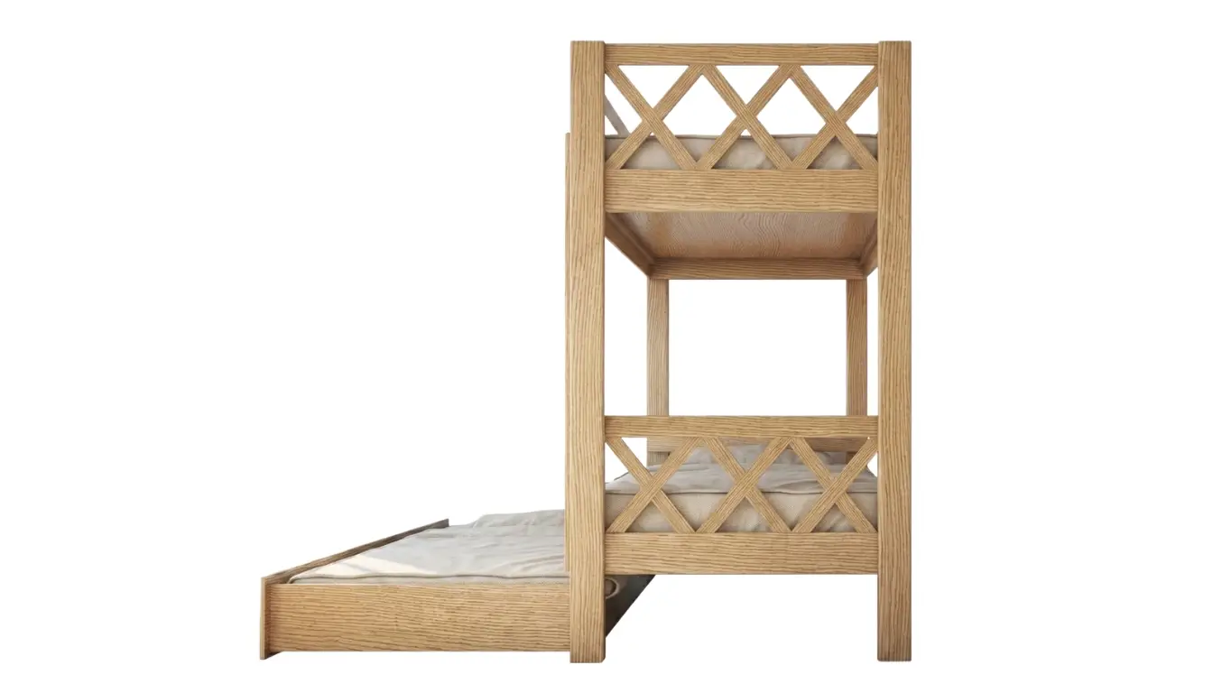 Lattice Bunk Bed With Crossed Rails And Pull-Out Bed